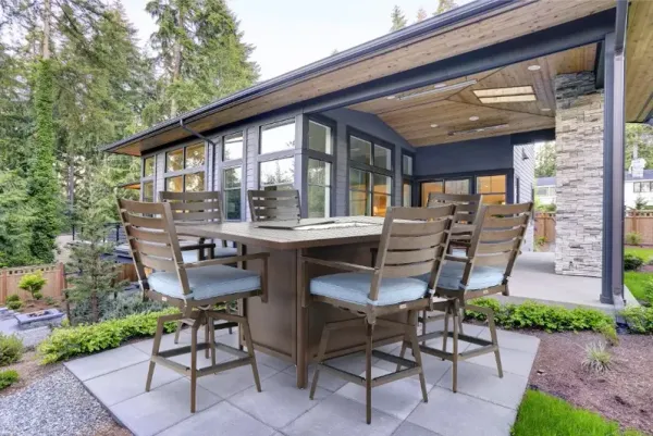 Adeline 7 Piece Blue Swivel Stool and Fire Table Patio Set