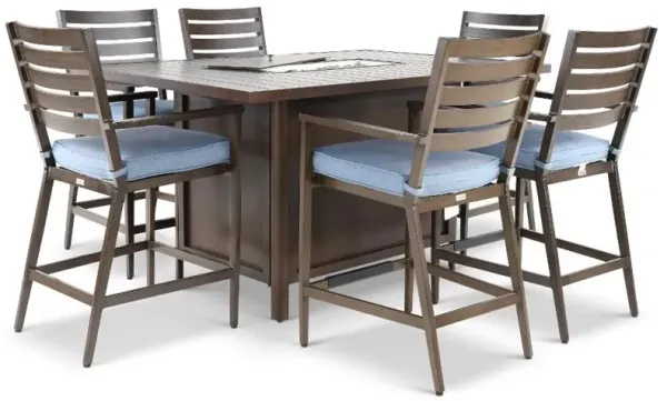 Adeline 7 Piece Blue Bar Stool and Fire Table Patio Set