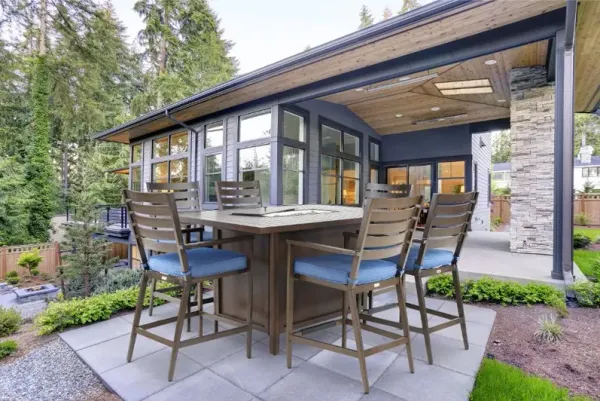 Adeline 7 Piece Blue Bar Stool and Fire Table Patio Set