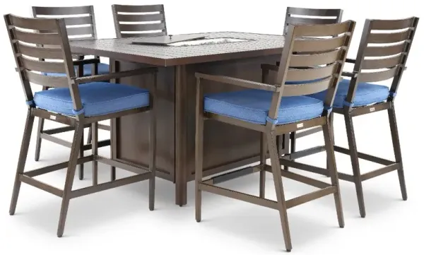 Adeline 7 Piece Blue Bar Stool and Fire Table Patio Set