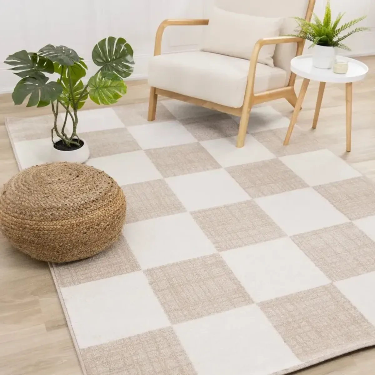 Century 5 x 8 Beige and Cream Checkered Area Rug