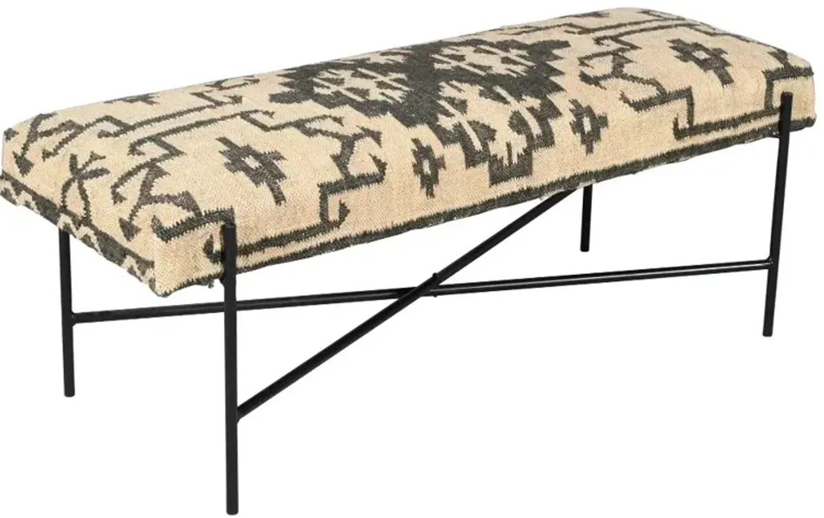 Blue and Cream Rectangle Metal and Jute Bench