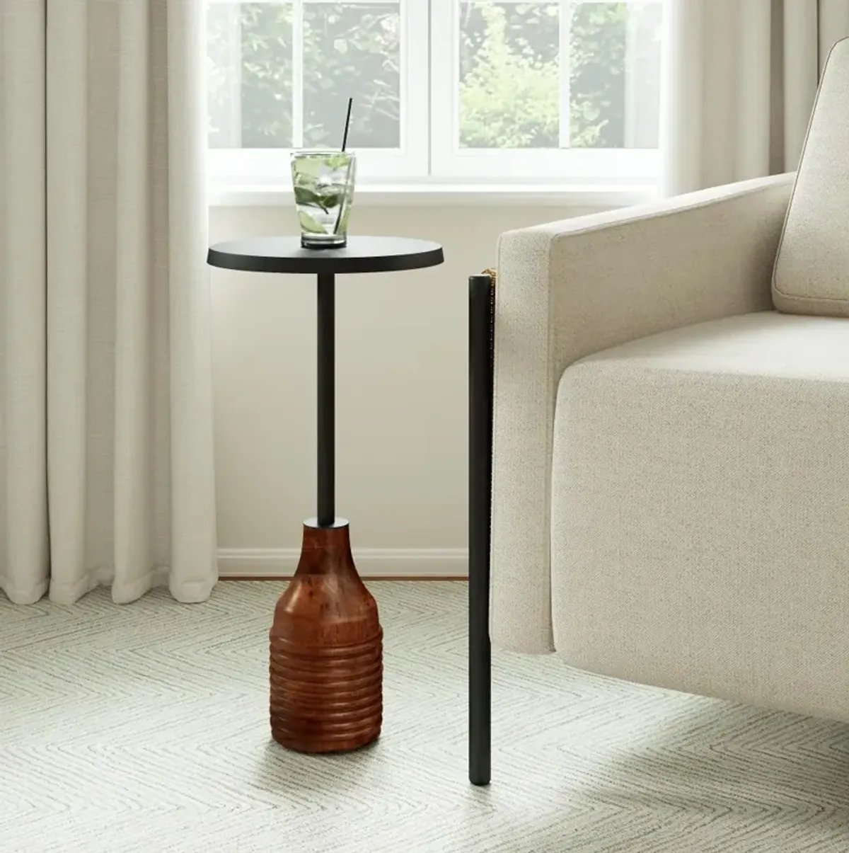 Black Round Wood and Metal Drink Table