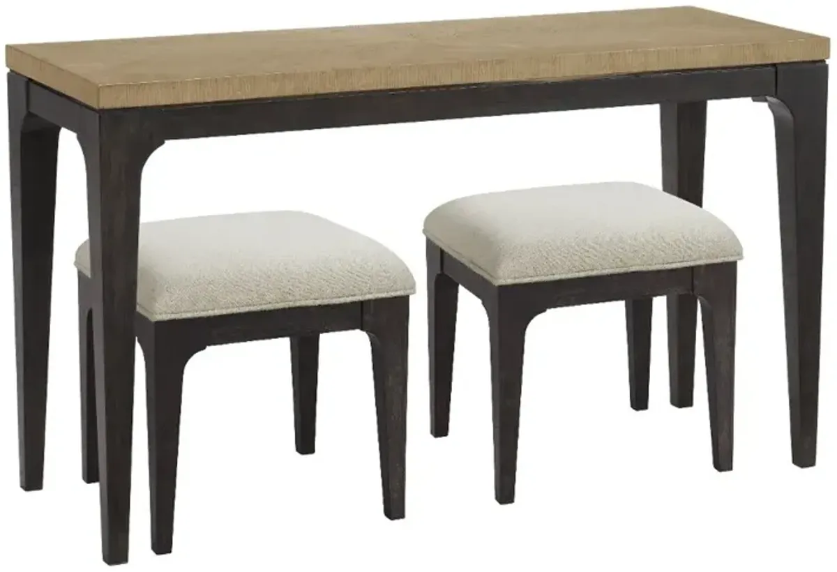 Sutton Brown Sofa Table and Off-White Stools, Set of 3