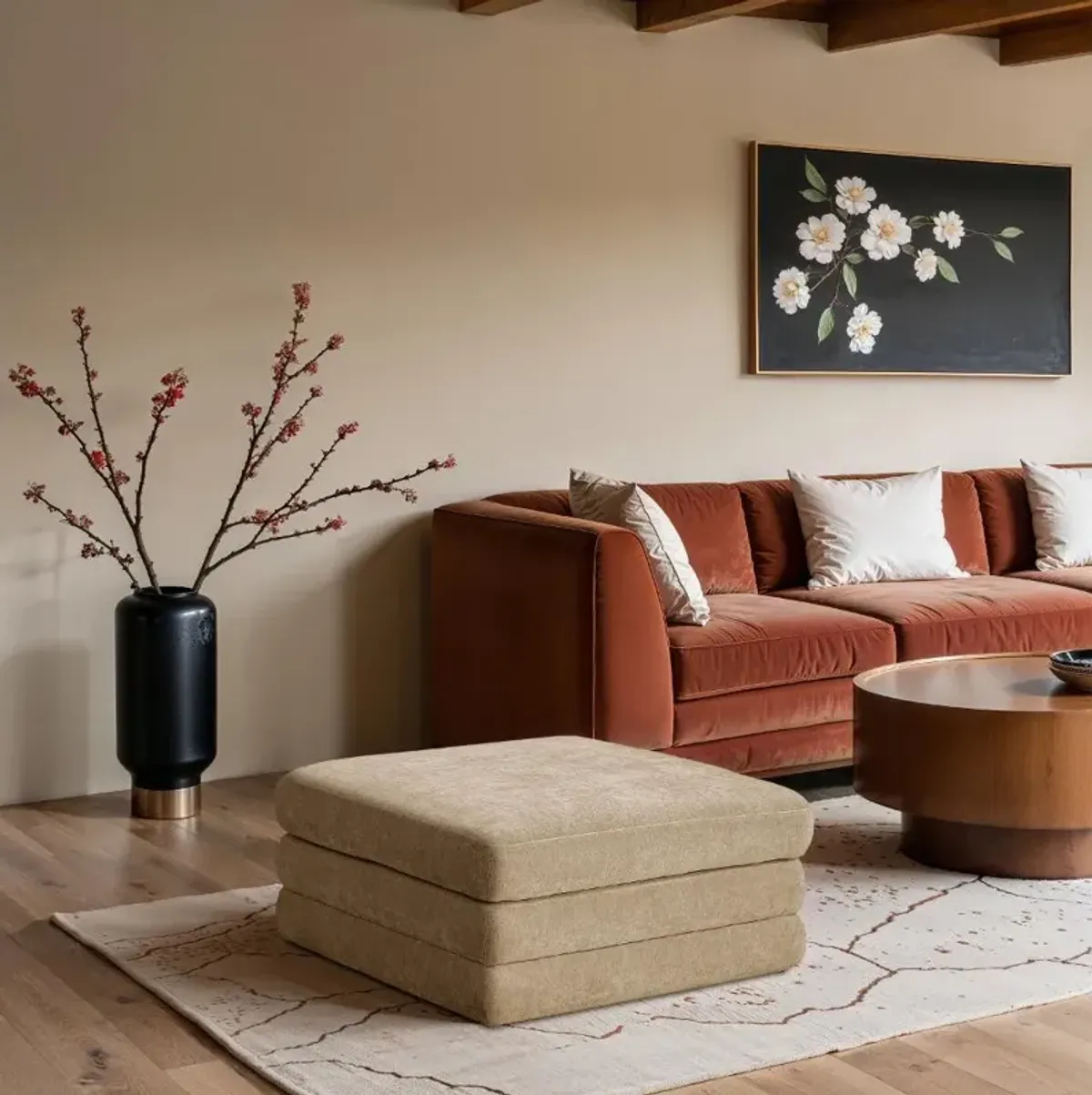 Stellar Beige Chenille Modular Ottoman