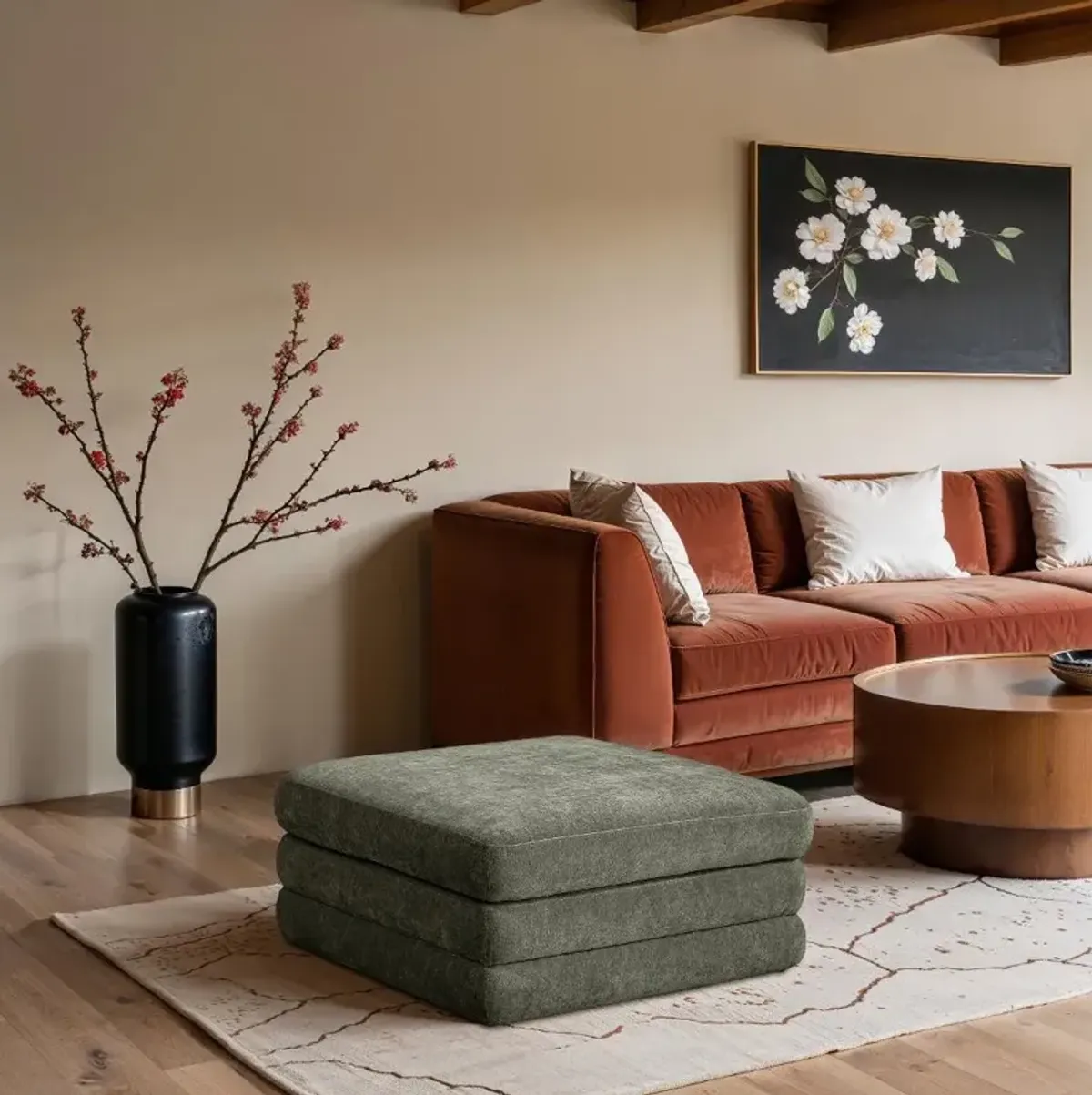 Stellar Green Chenille Modular Ottoman
