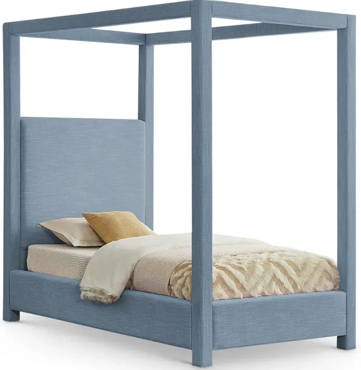 Emerson Sky Blue Textured Linen Twin Canopy Bed