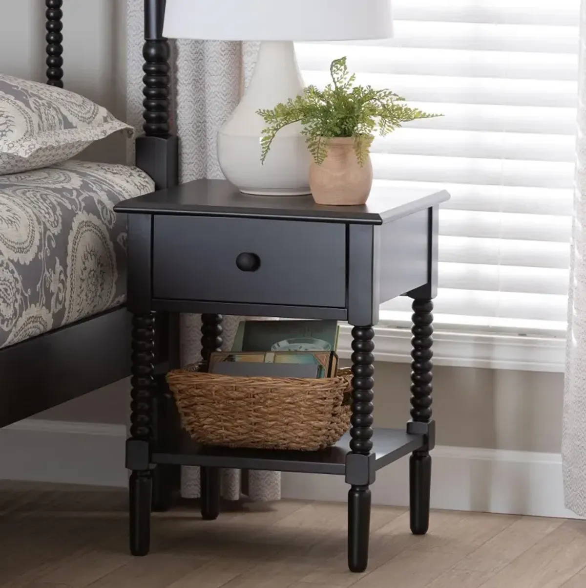 Welsh Spindle Leg Black Nightstand