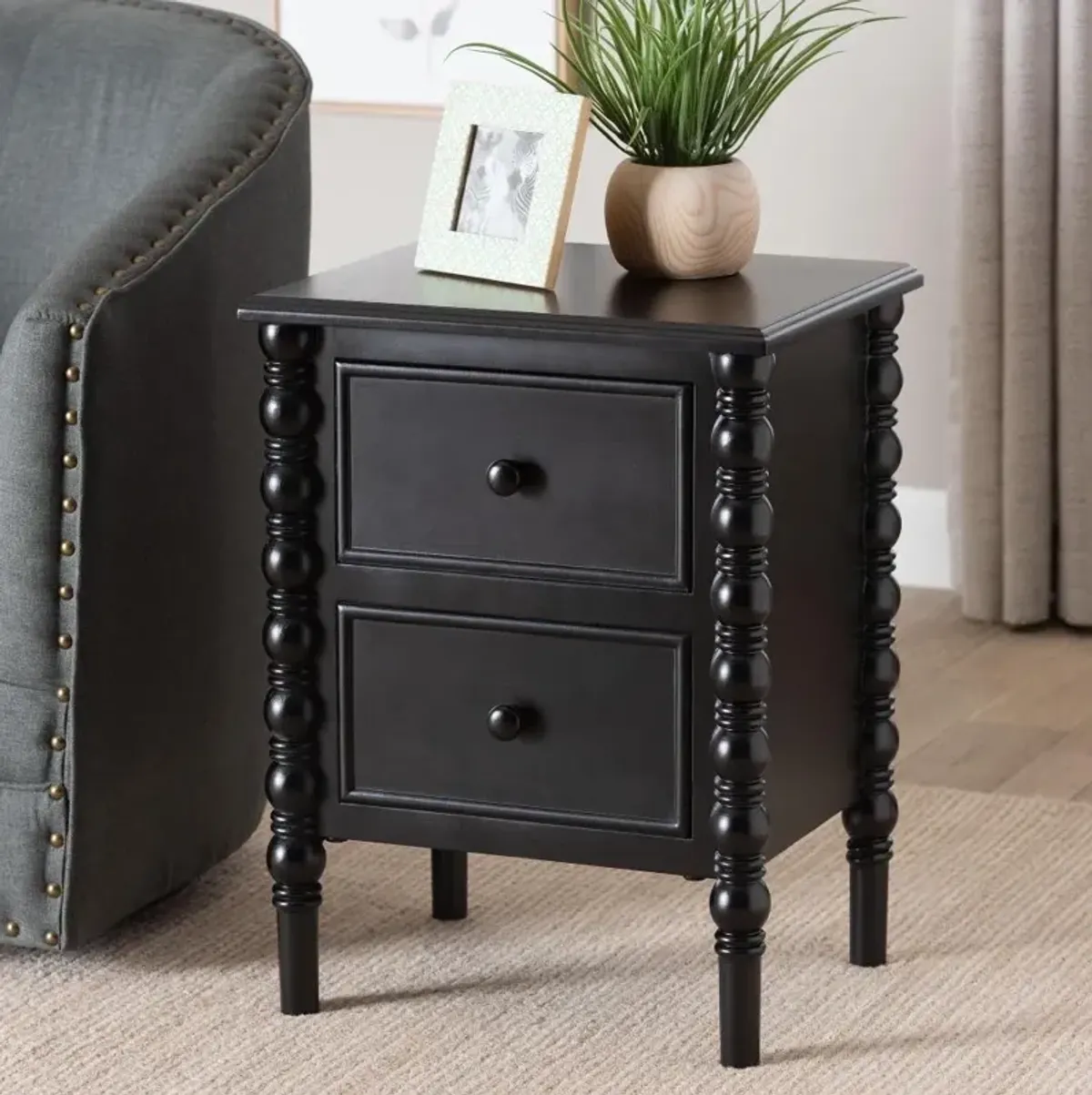 Milena Classic Black Wood 2-Drawer End Table with Spindle Legs