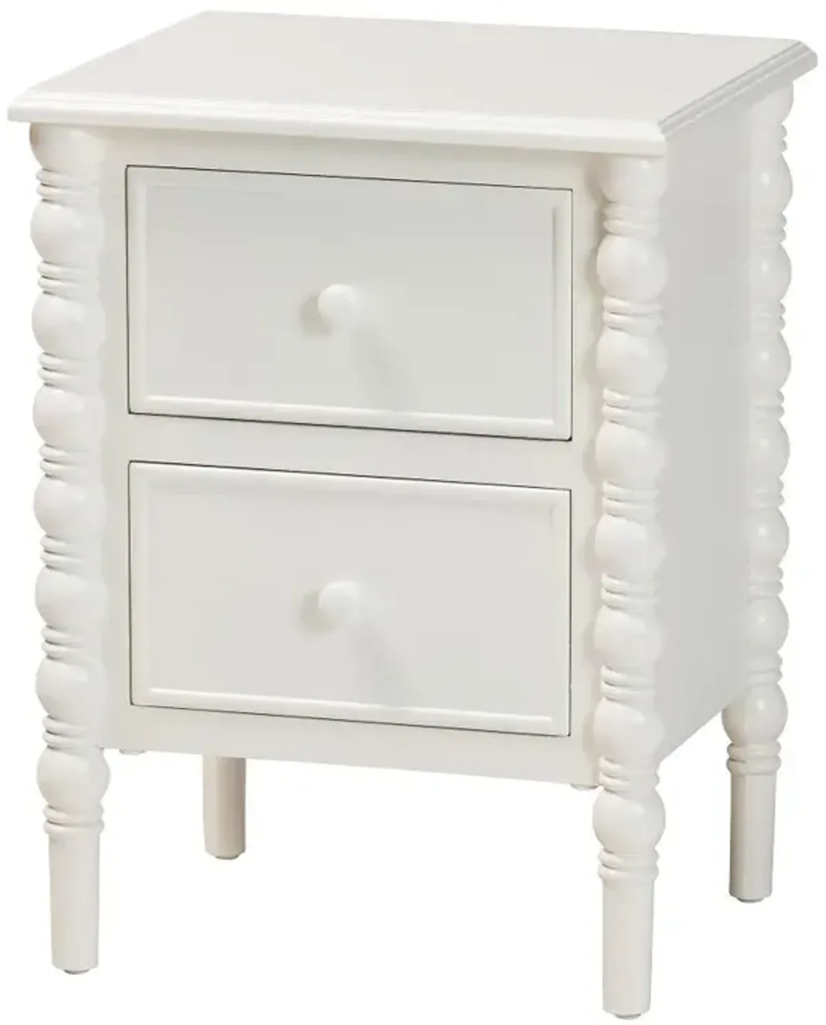 Milena Classic White Wood 2-Drawer End Table with Spindle Legs