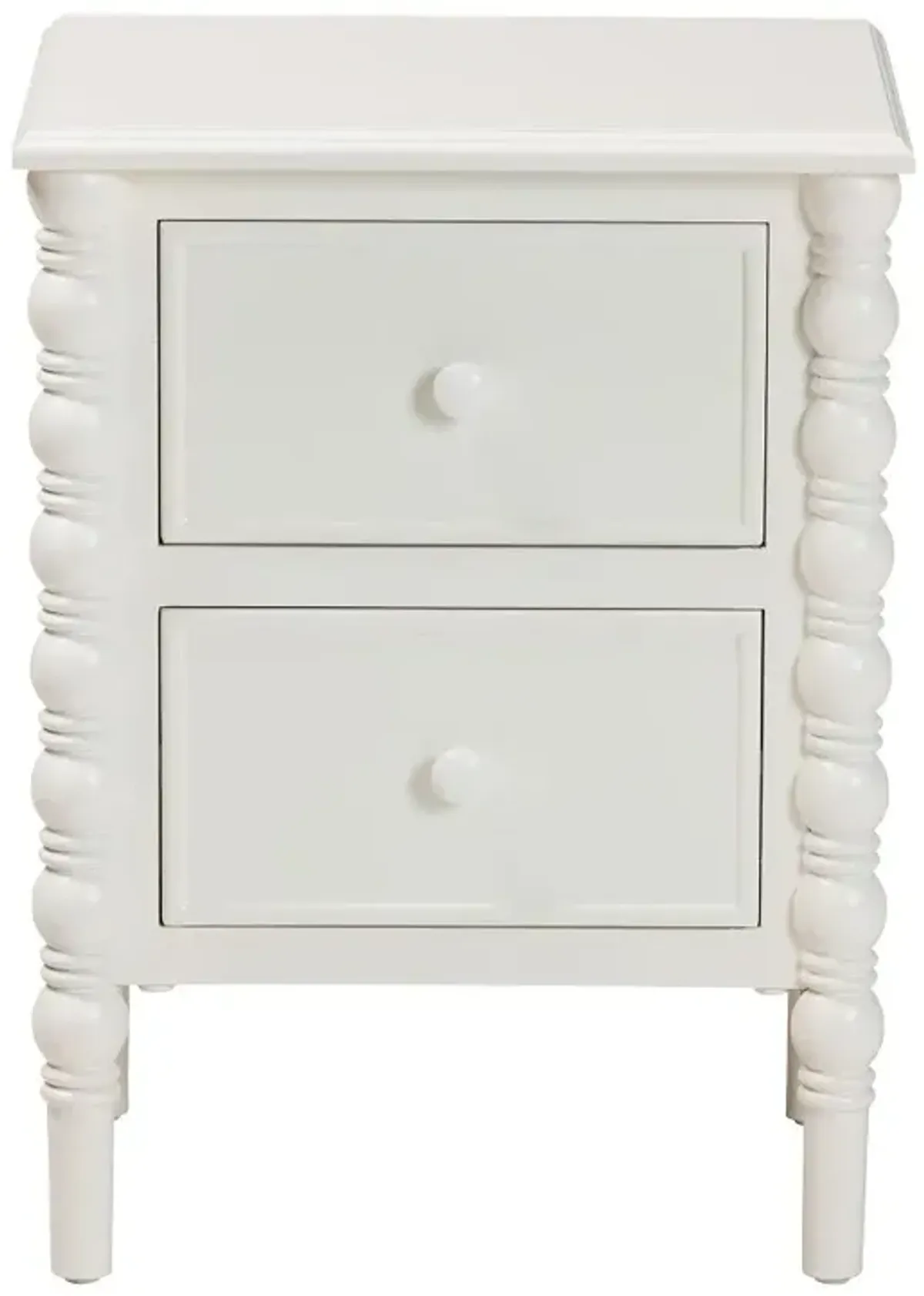 Milena Classic White Wood 2-Drawer End Table with Spindle Legs