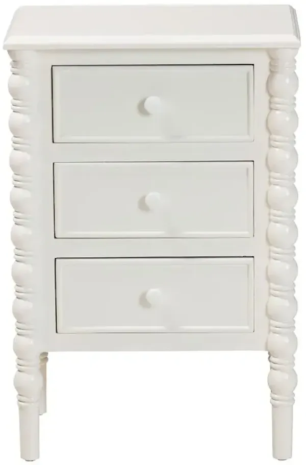 Milena Classic White Wood 3-Drawer End Table with Spindle Legs