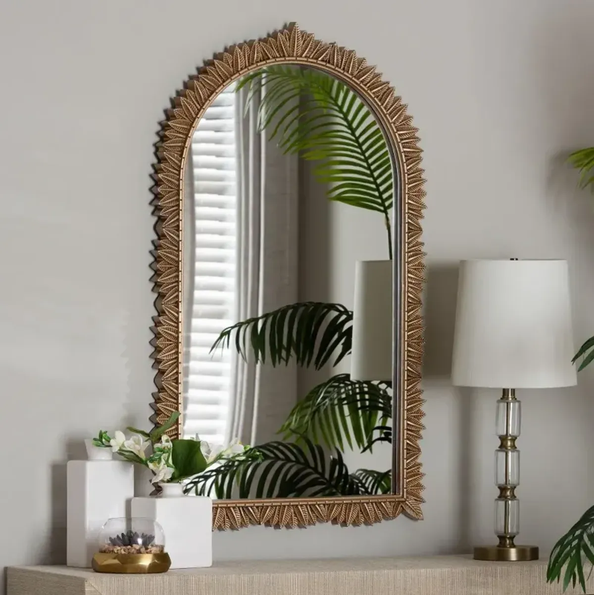 Caitlin Antique Golden Arch Wall Mirror with Carved Leaf Border