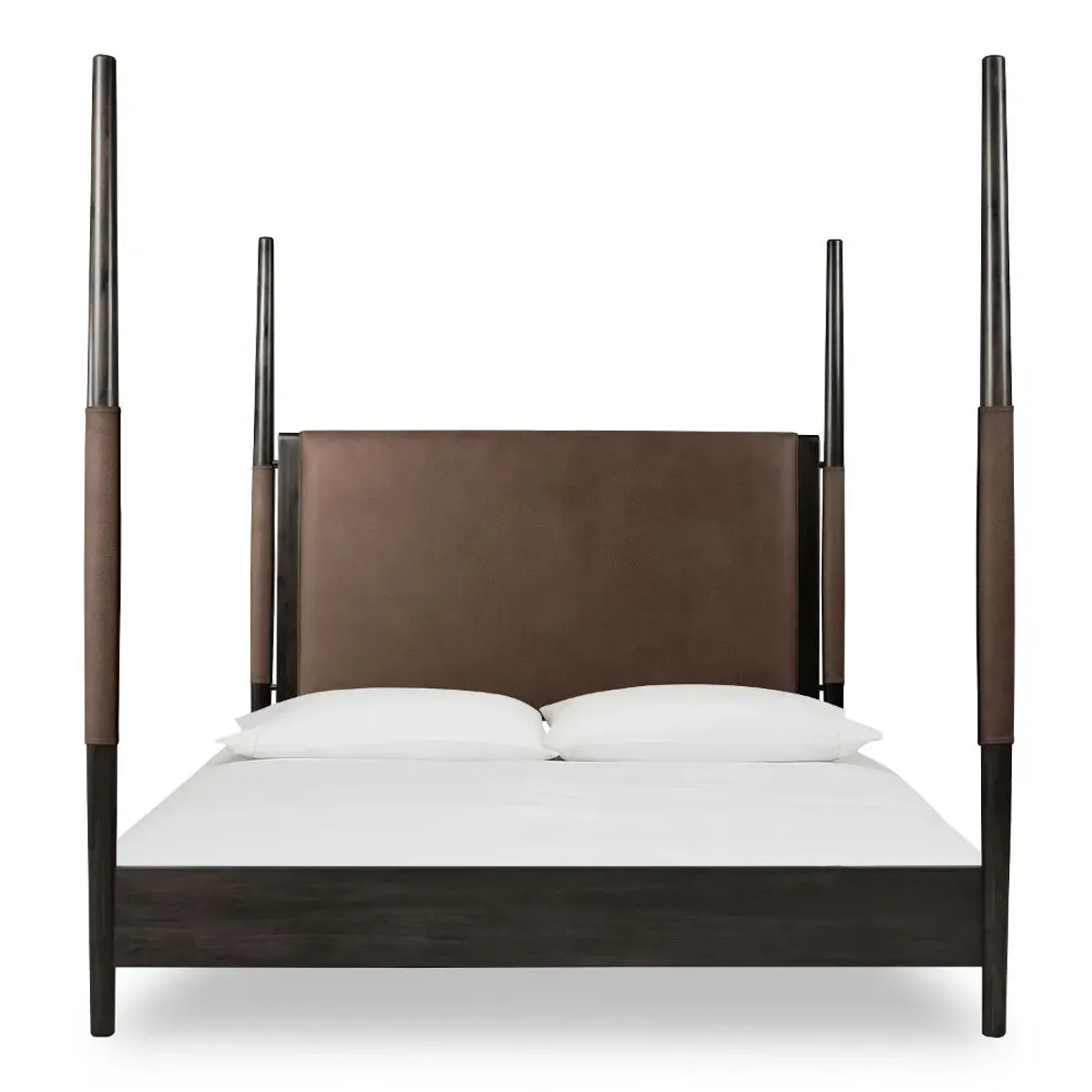 Koko Minx Brown Wood and Faux Leather King Poster Bed