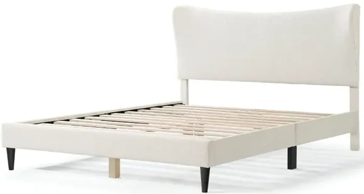 Gail White Boucle Queen Platform Bed with Curved Headboard