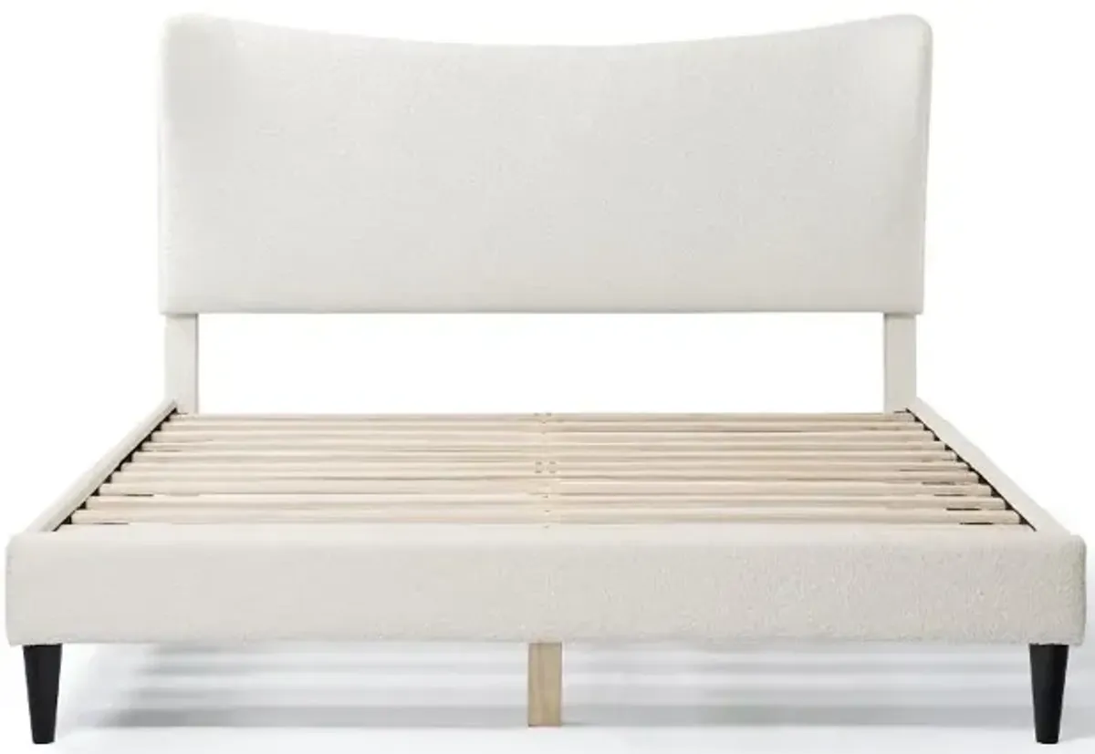 Gail White Boucle Queen Platform Bed with Curved Headboard