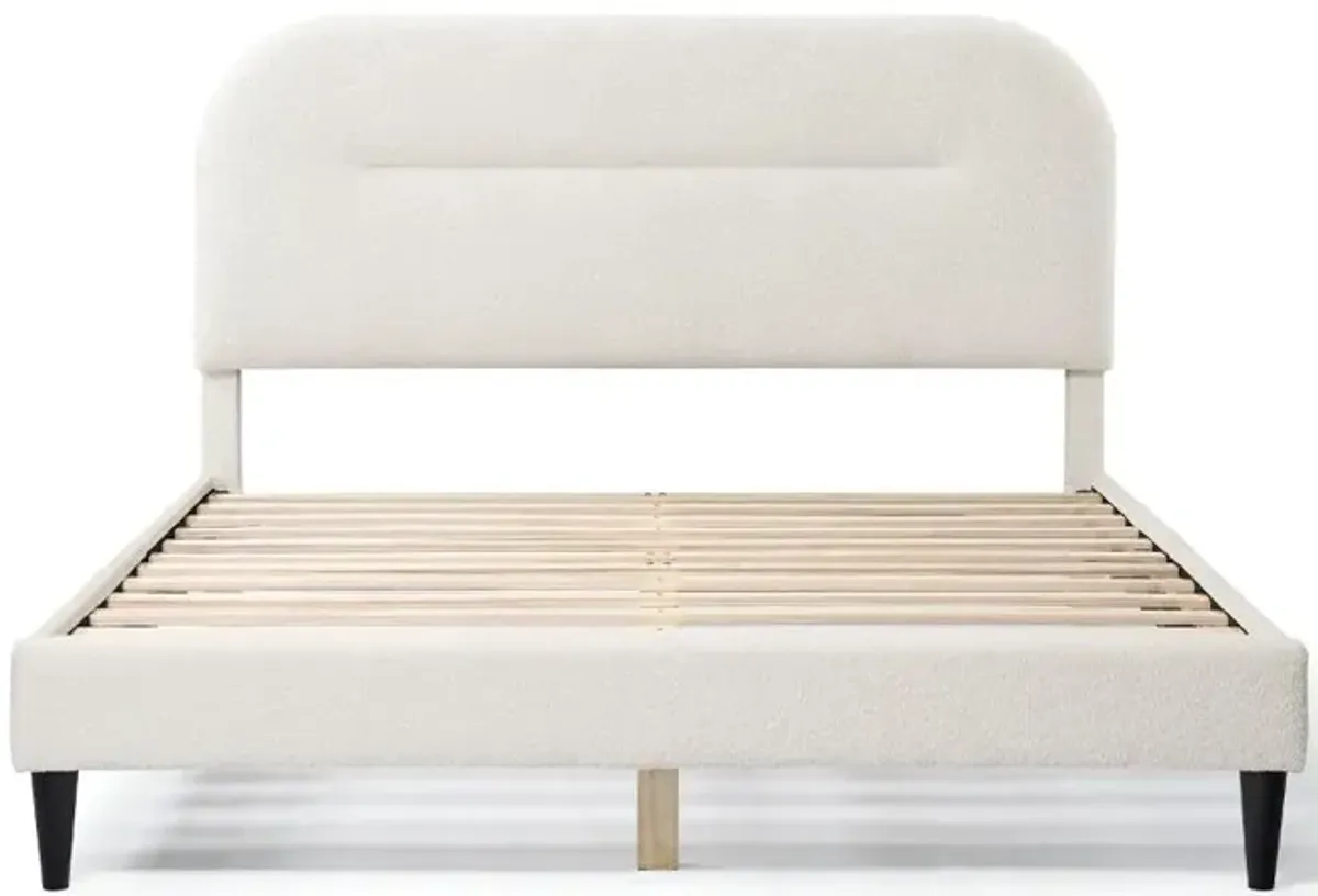 Gail White Boucle Queen Platform Bed with Rounded Headboard