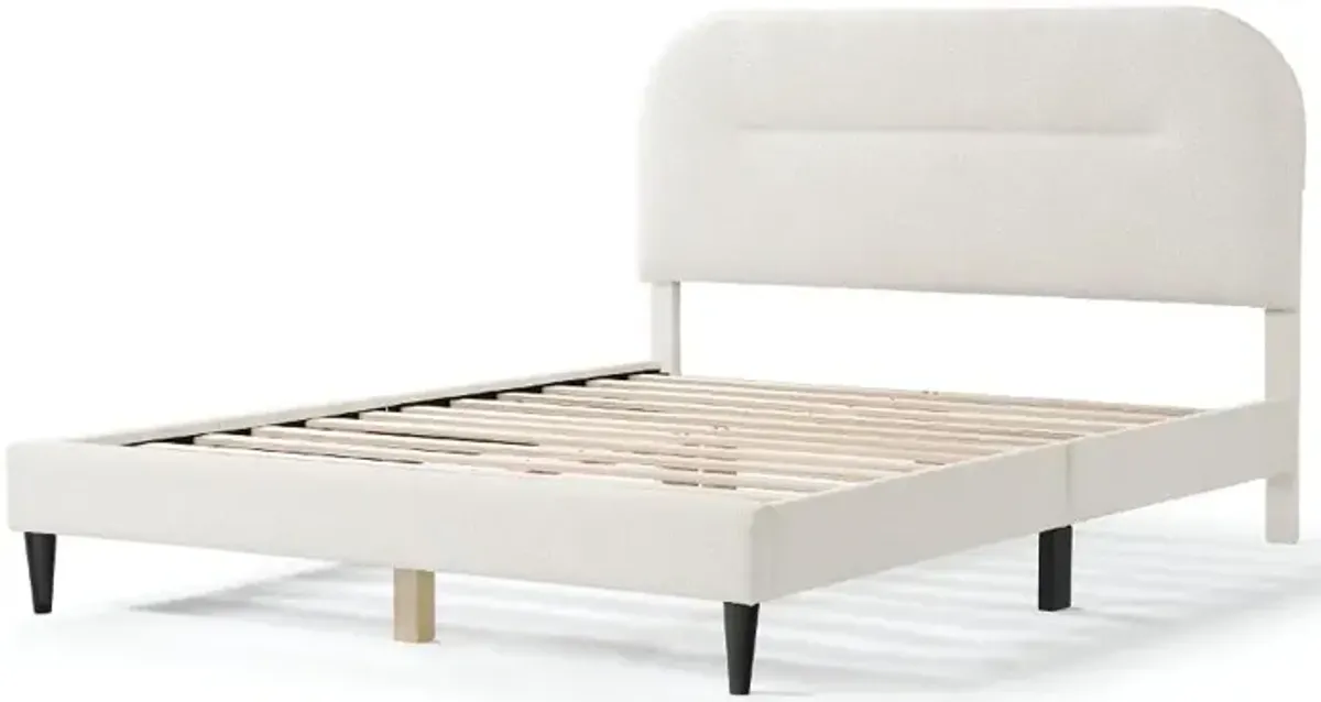 Gail White Boucle Queen Platform Bed with Rounded Headboard