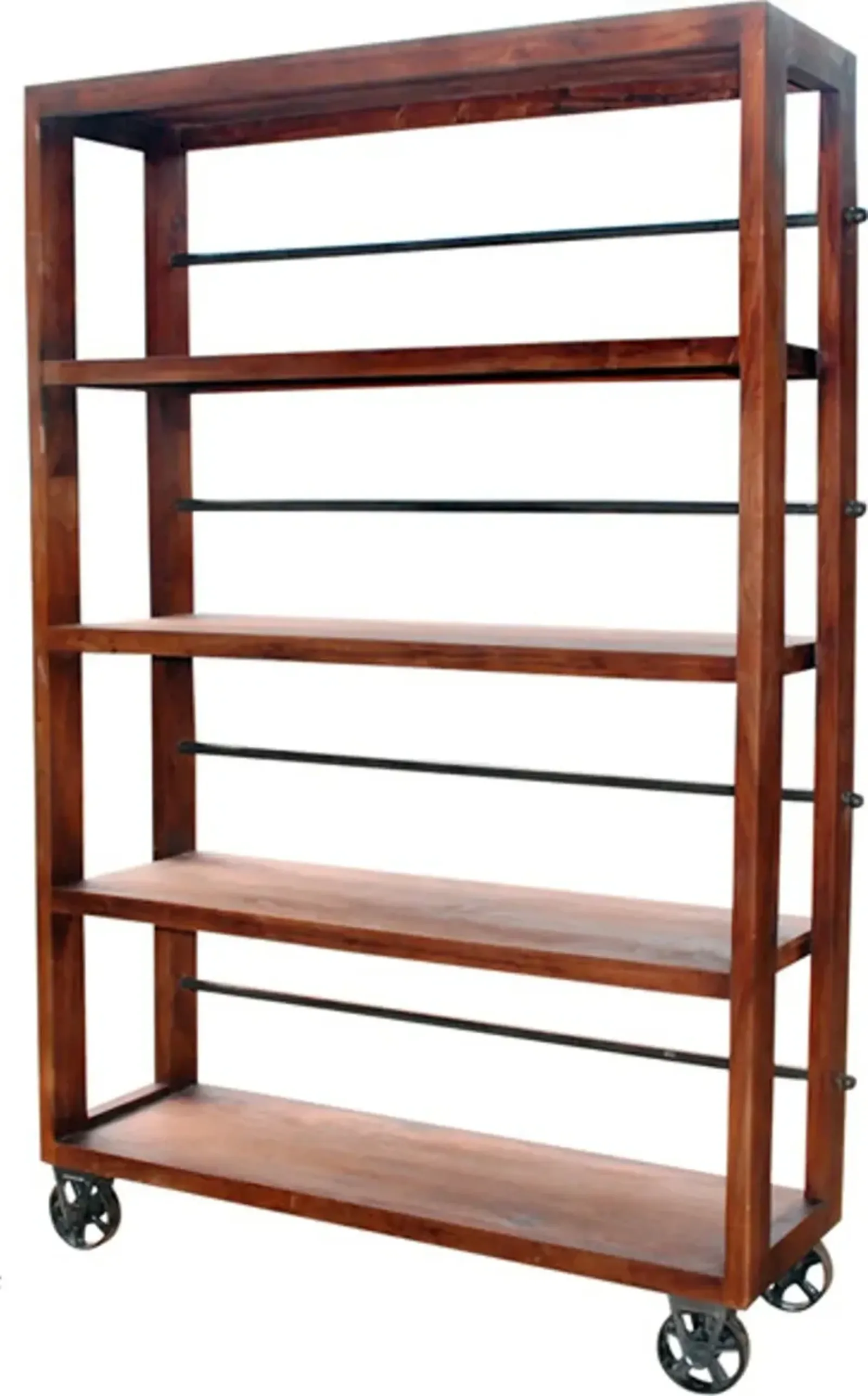 Open Wood and Metal Bookcase On Wheels