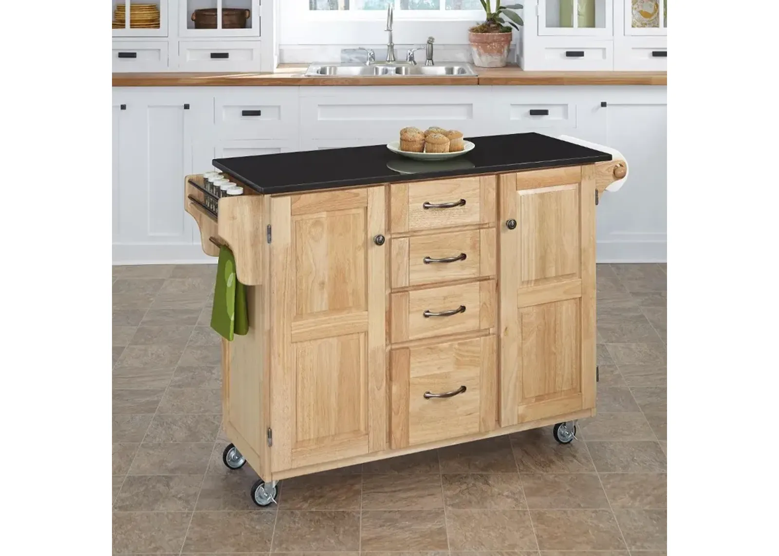 Create A Cart Natural Kitchen Cart with Black Granite Top