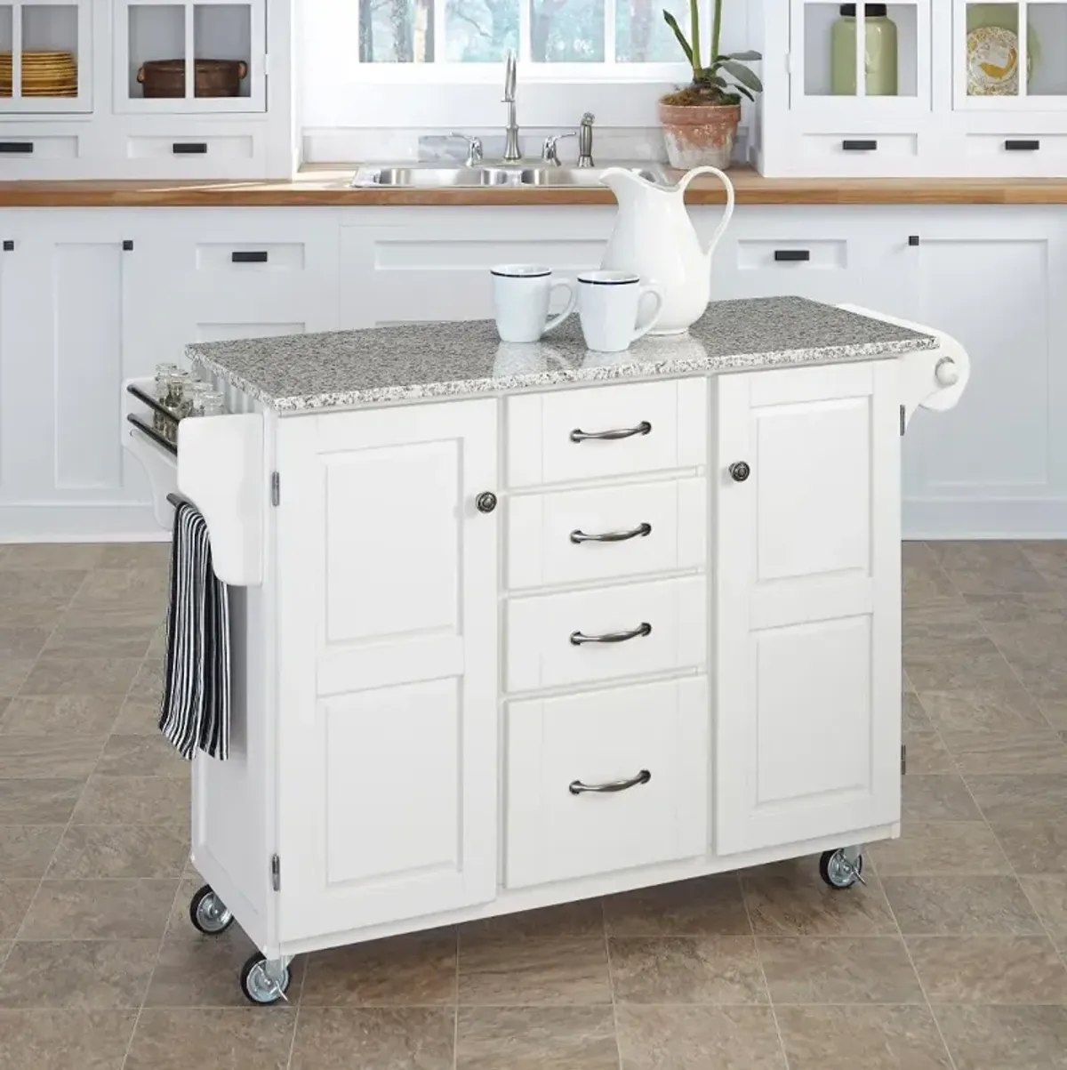 White Kitchen Cart with White and Black Granite Top - Create-a-Cart