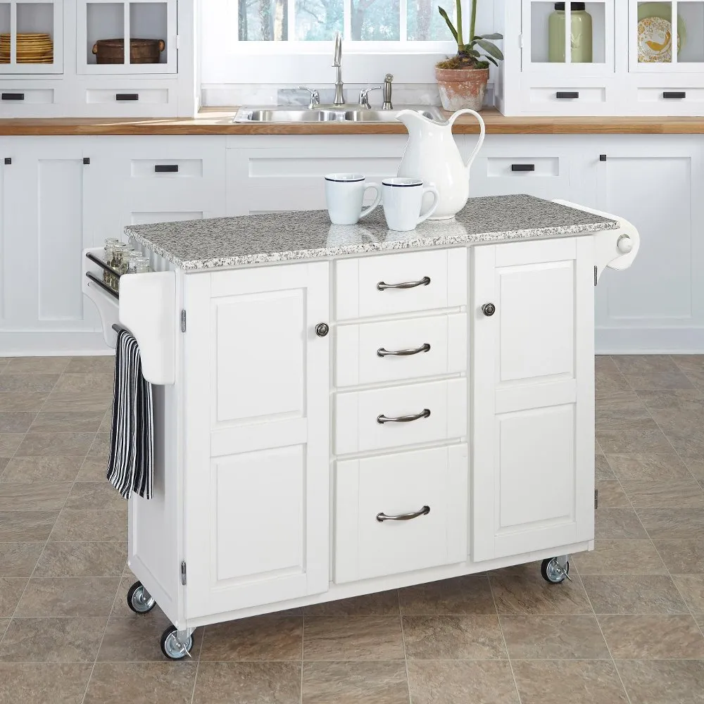 White Kitchen Cart with White and Black Granite Top - Create-a-Cart