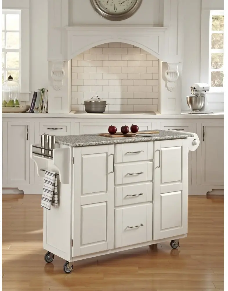 White Kitchen Cart with White and Black Granite Top - Create-a-Cart