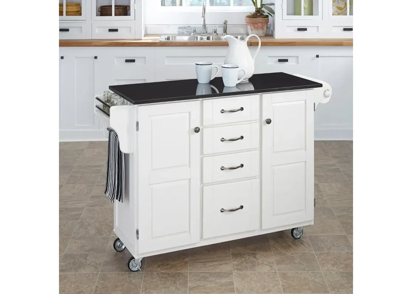 Create A Cart White Kitchen Cart with Black Granite Top