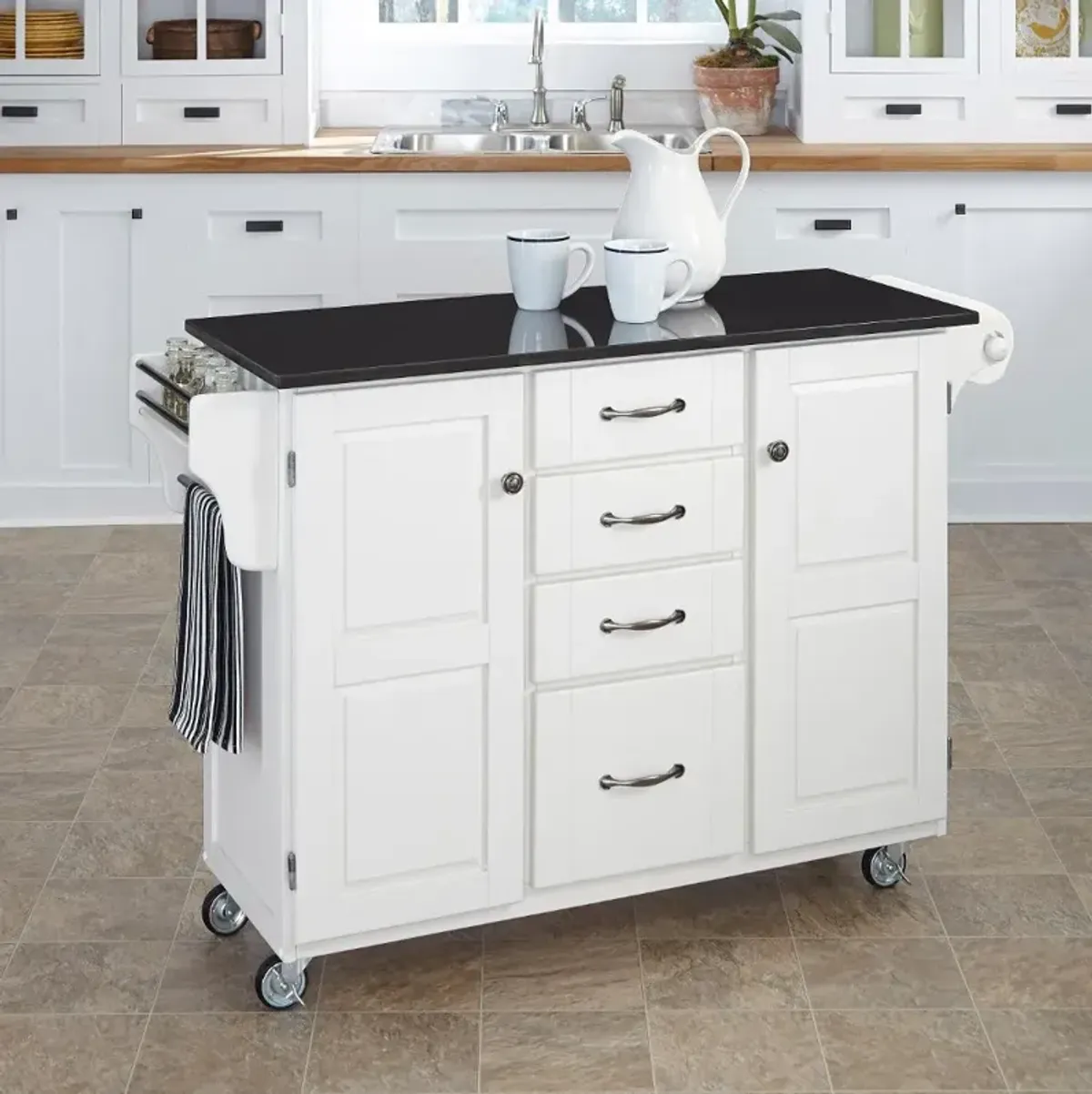 Create A Cart White Kitchen Cart with Black Granite Top