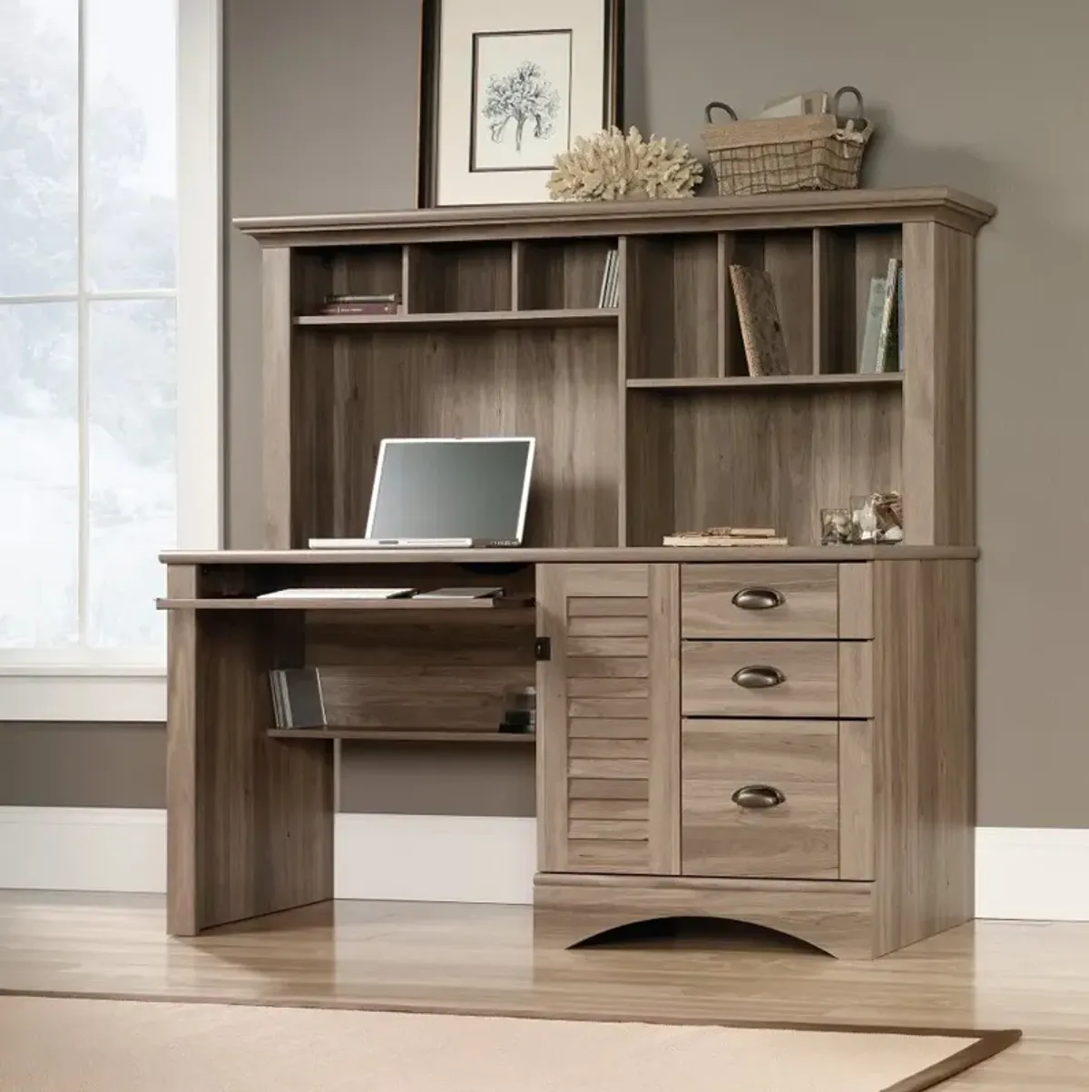 Harbor View Brown Computer Desk with Hutch