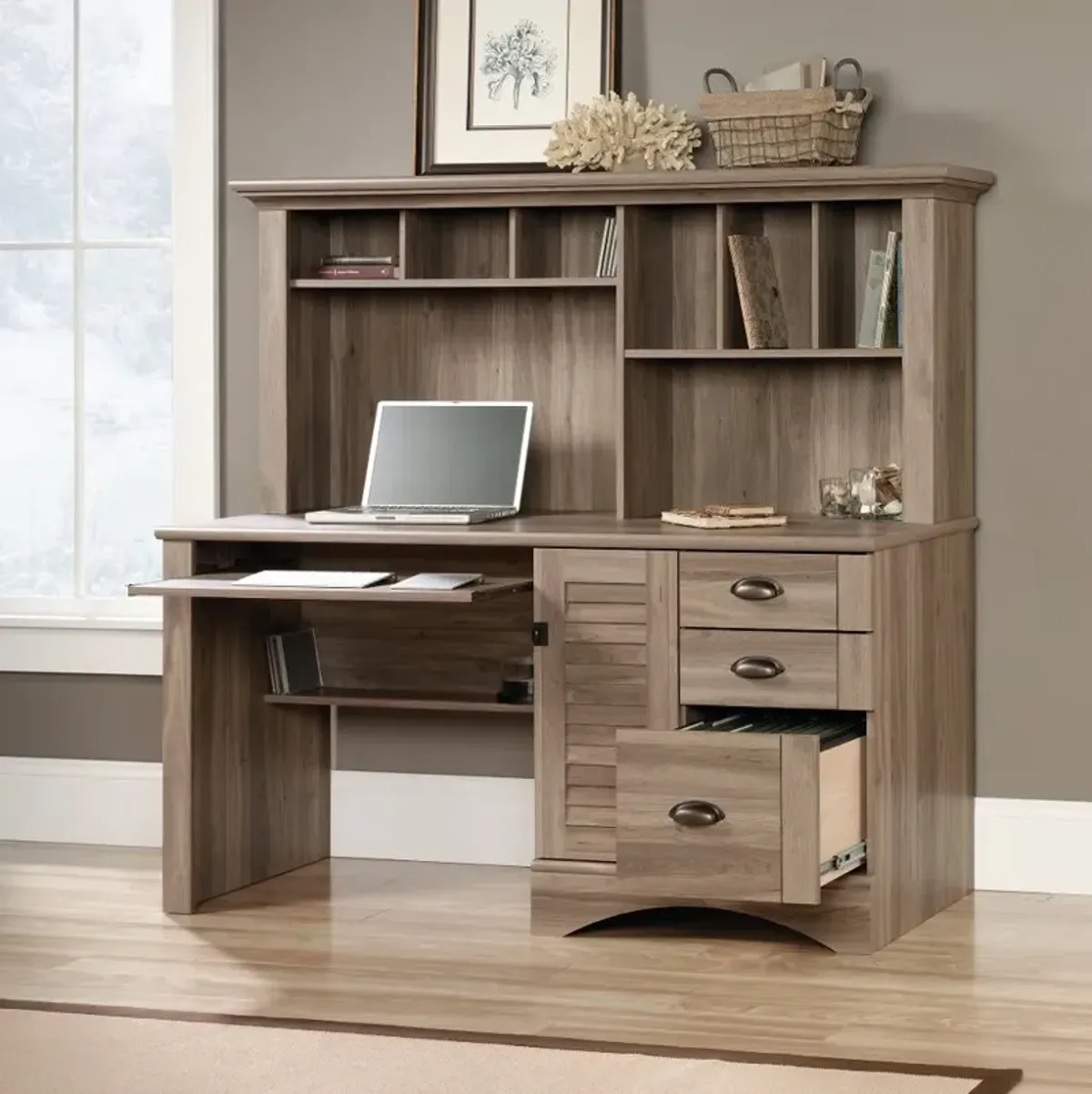 Harbor View Brown Computer Desk with Hutch