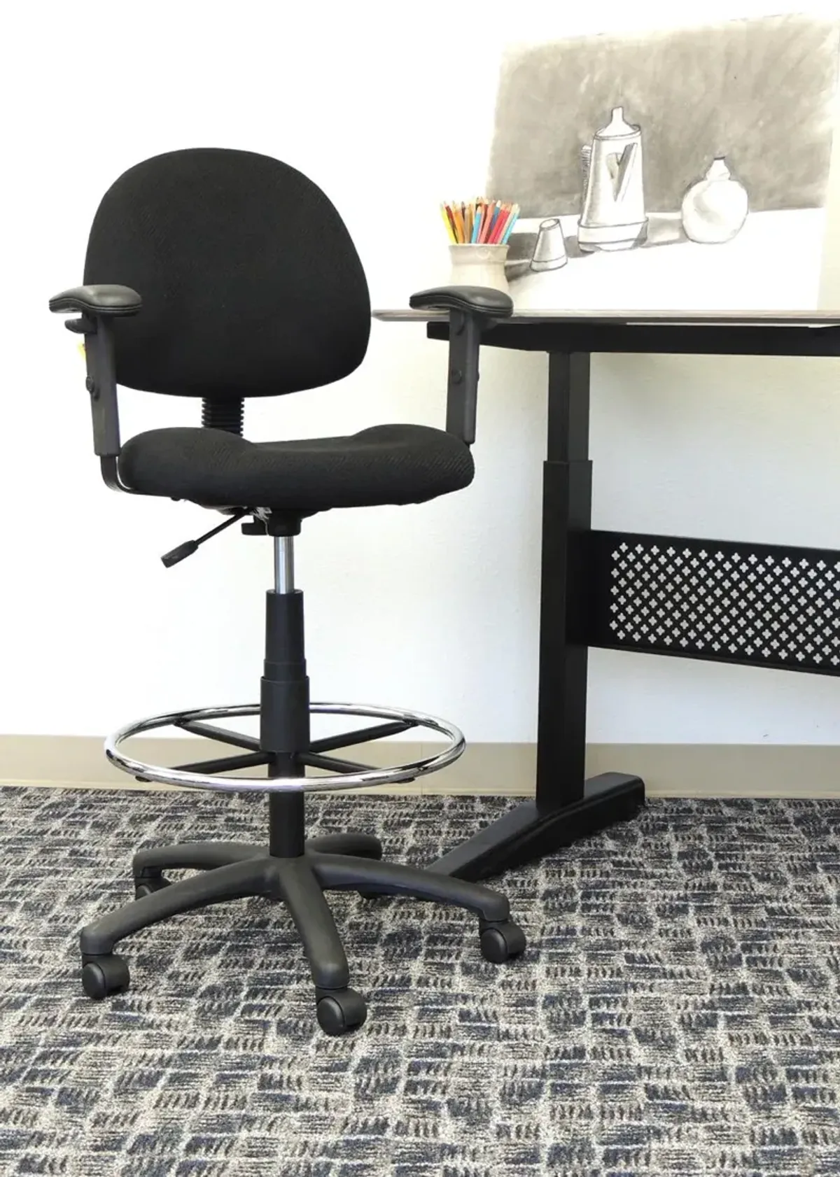 Black Contoured Adjustable Drafting Office Chair With Arms