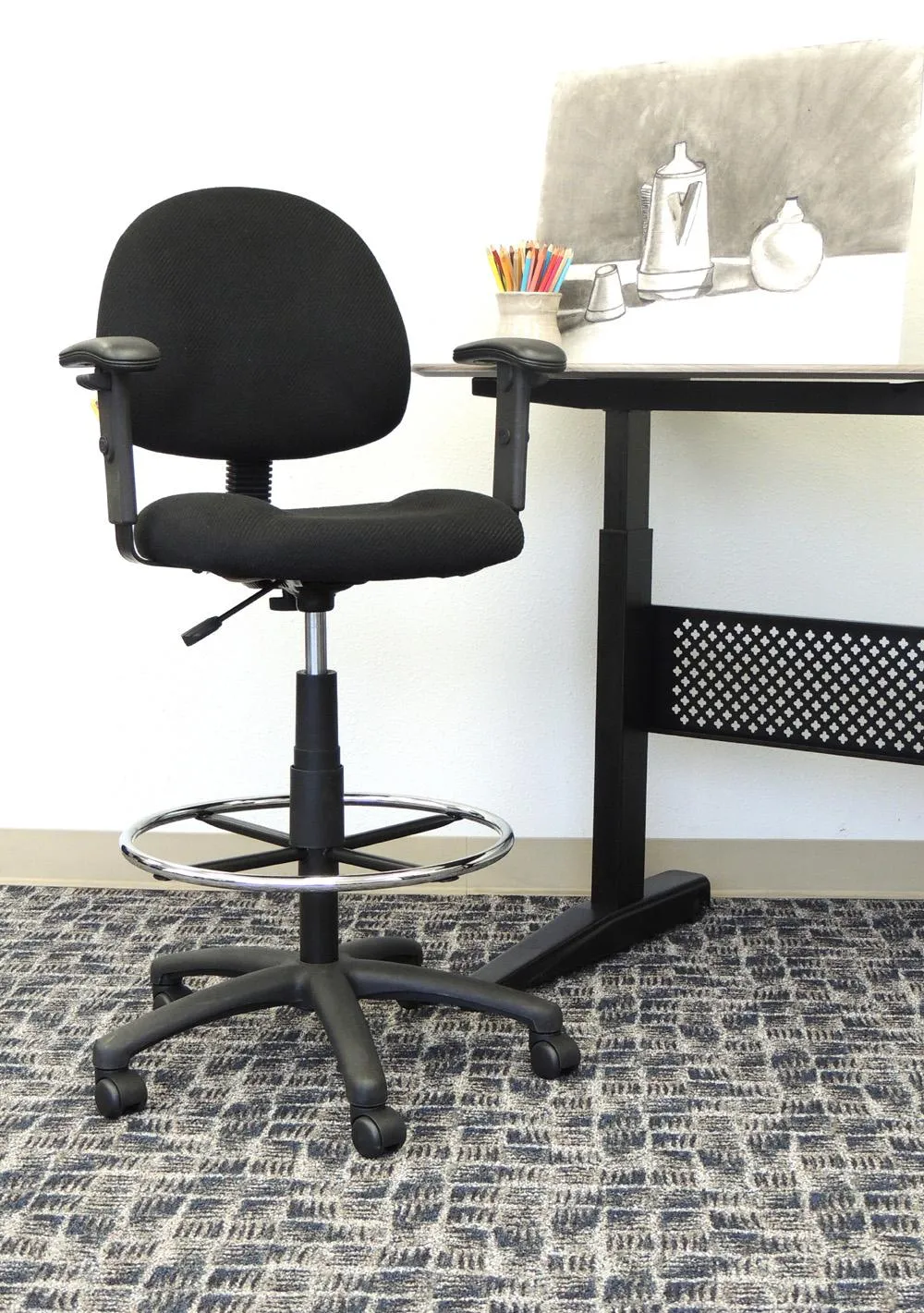 Black Contoured Adjustable Drafting Office Chair With Arms