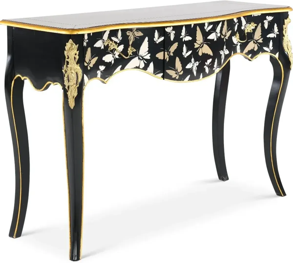 Black and Gold Console Table with Burnished Gold Accents