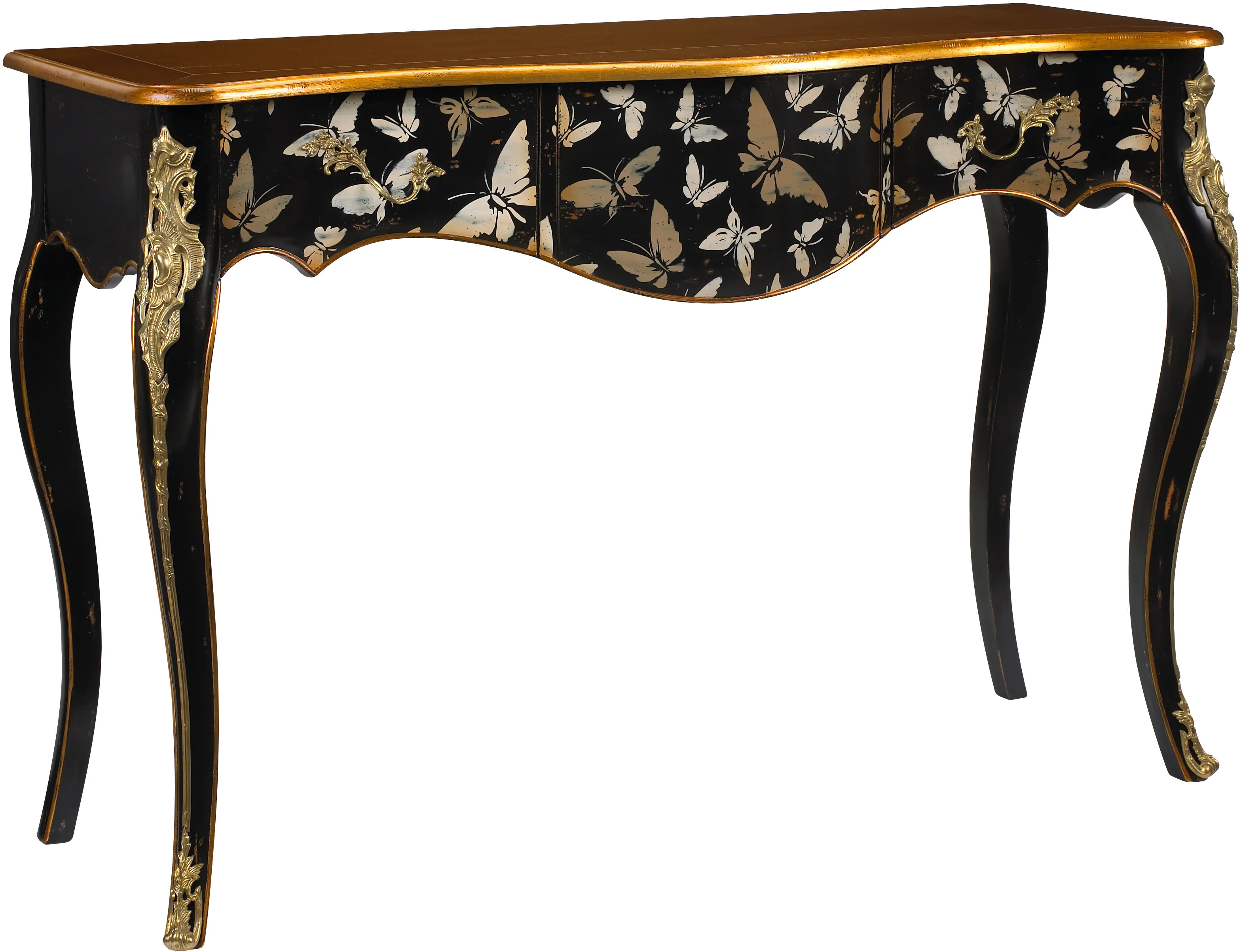 Black and Gold Console Table with Burnished Gold Accents