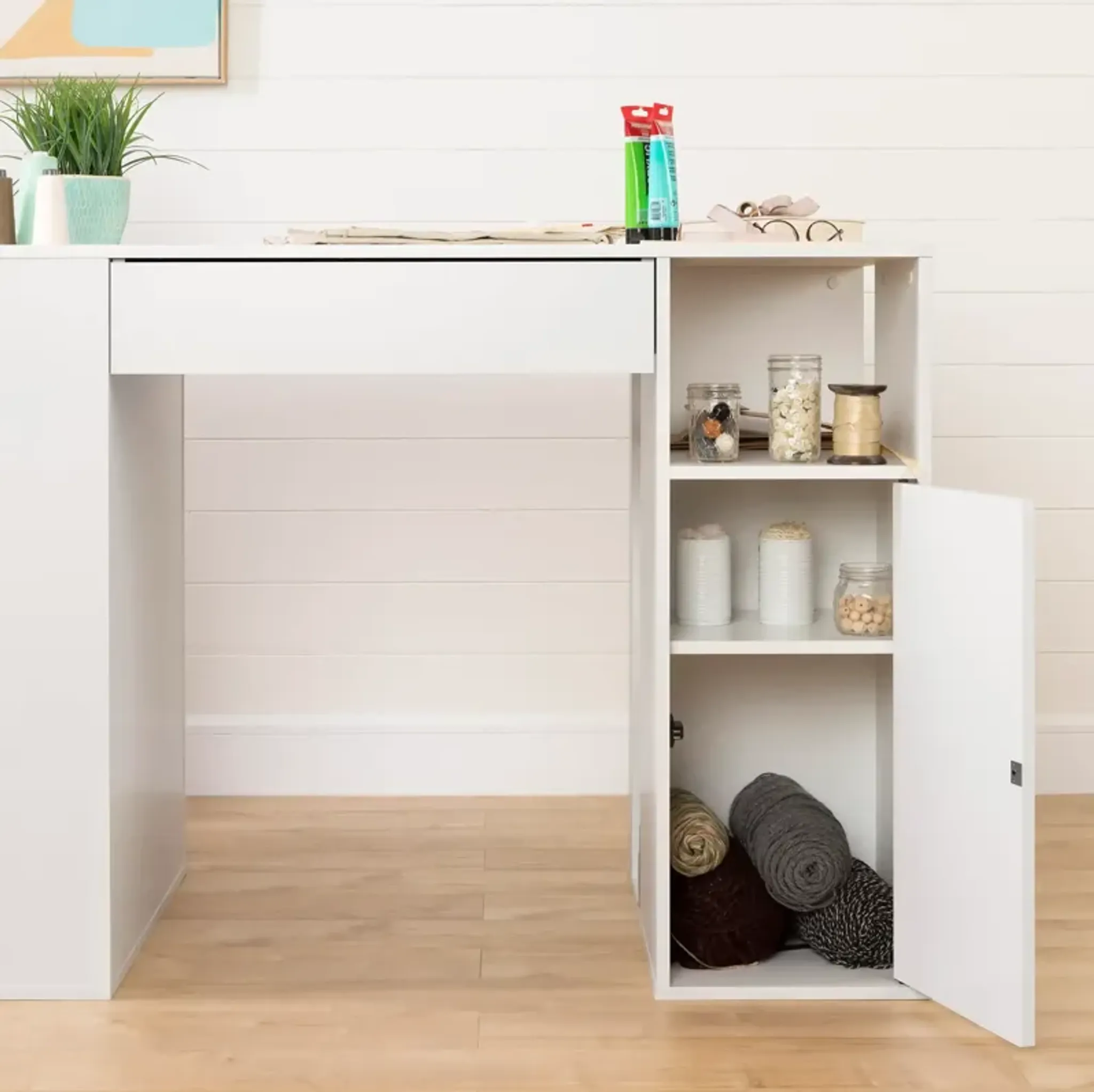 Crea White Counter Height Craft Table With Storage South Shore Rc ...