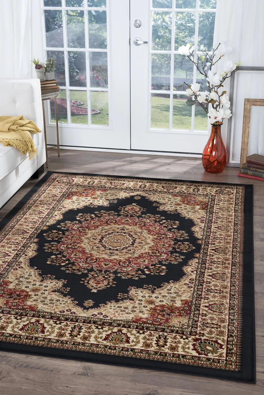 8 x 10 Large Black, Red, and Beige Area Rug - Sensation