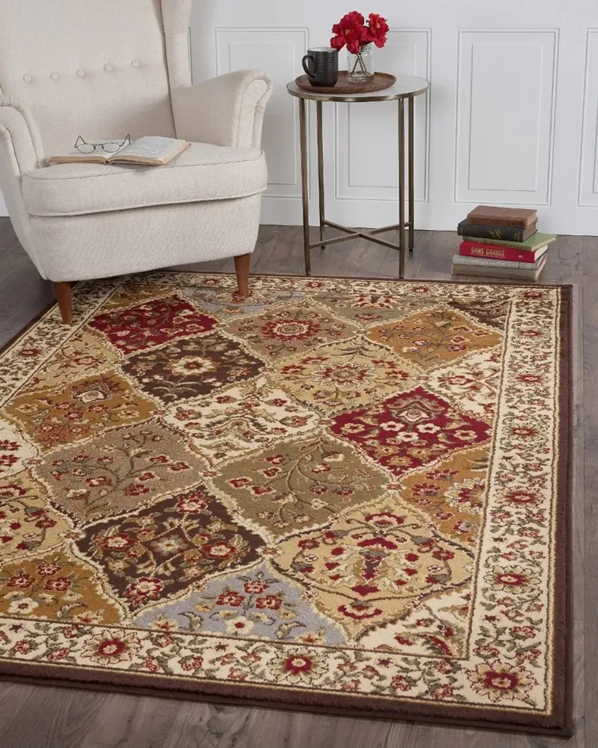 5 x 7 Medium Tan and Red Area Rug - Elegance