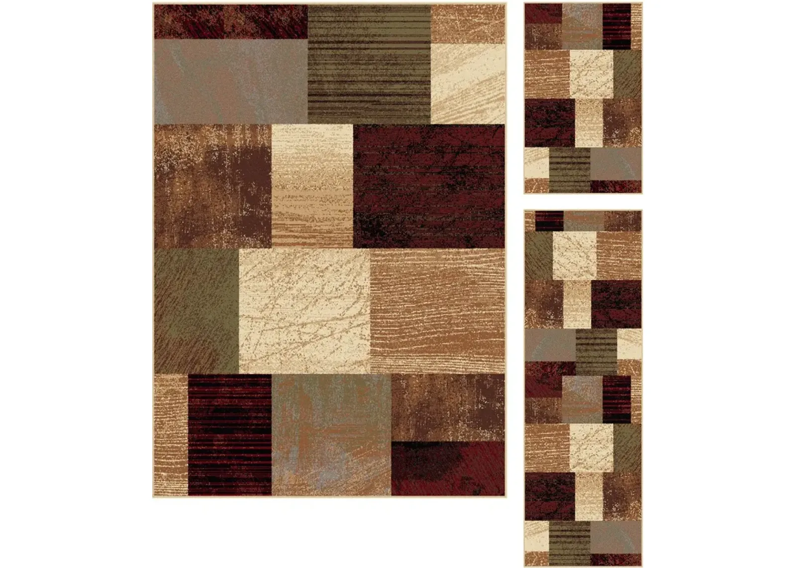 3 Piece Set Brown, Red, and Green Area Rug - Elegance