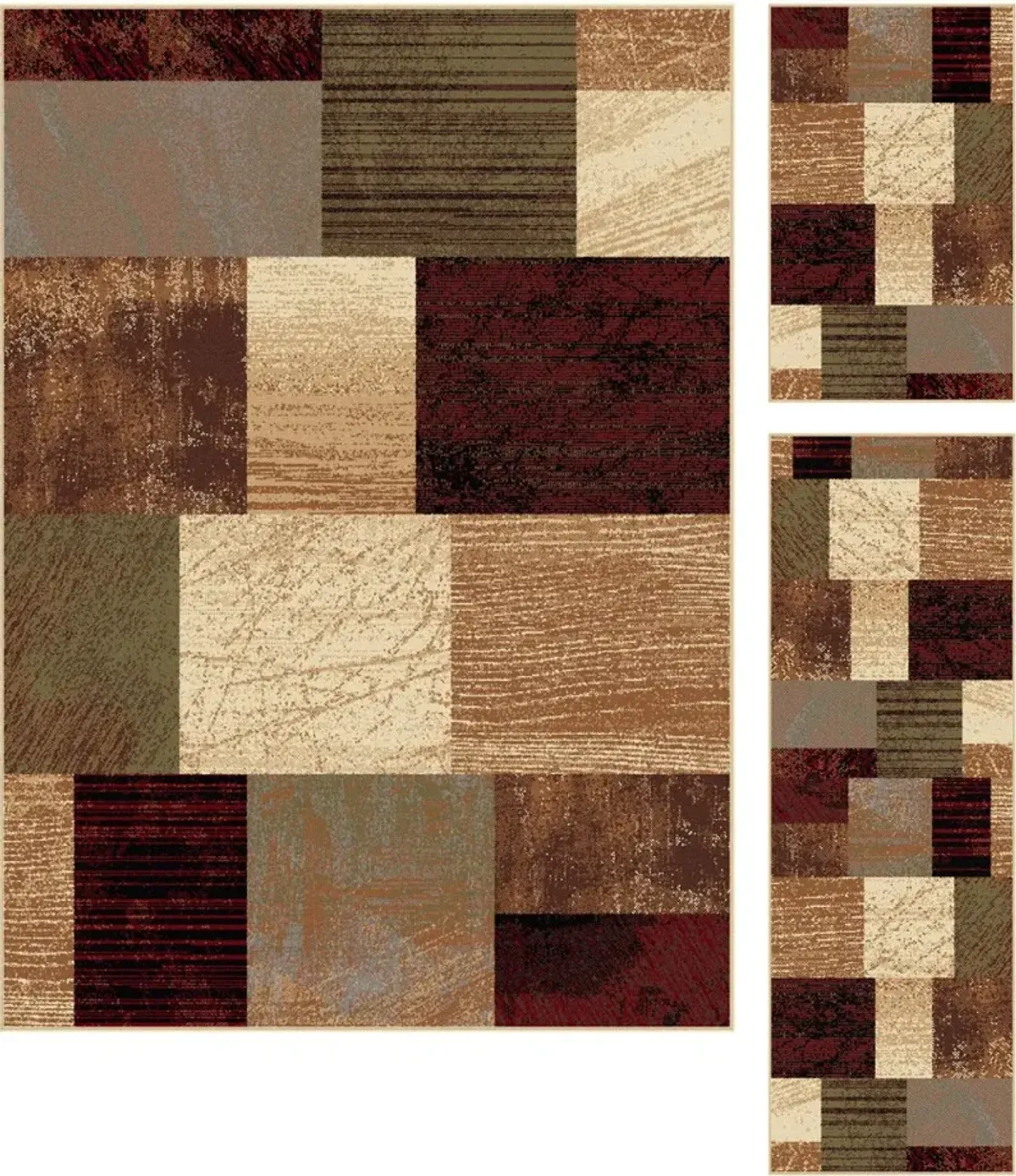 3 Piece Set Brown, Red, and Green Area Rug - Elegance