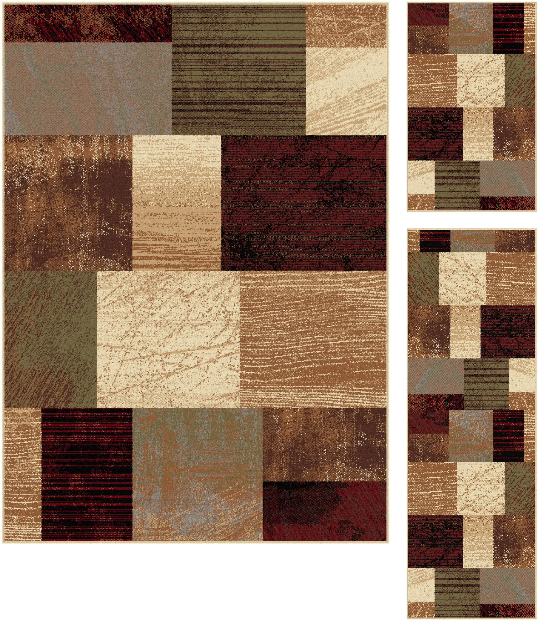 3 Piece Set Brown, Red, and Green Area Rug - Elegance