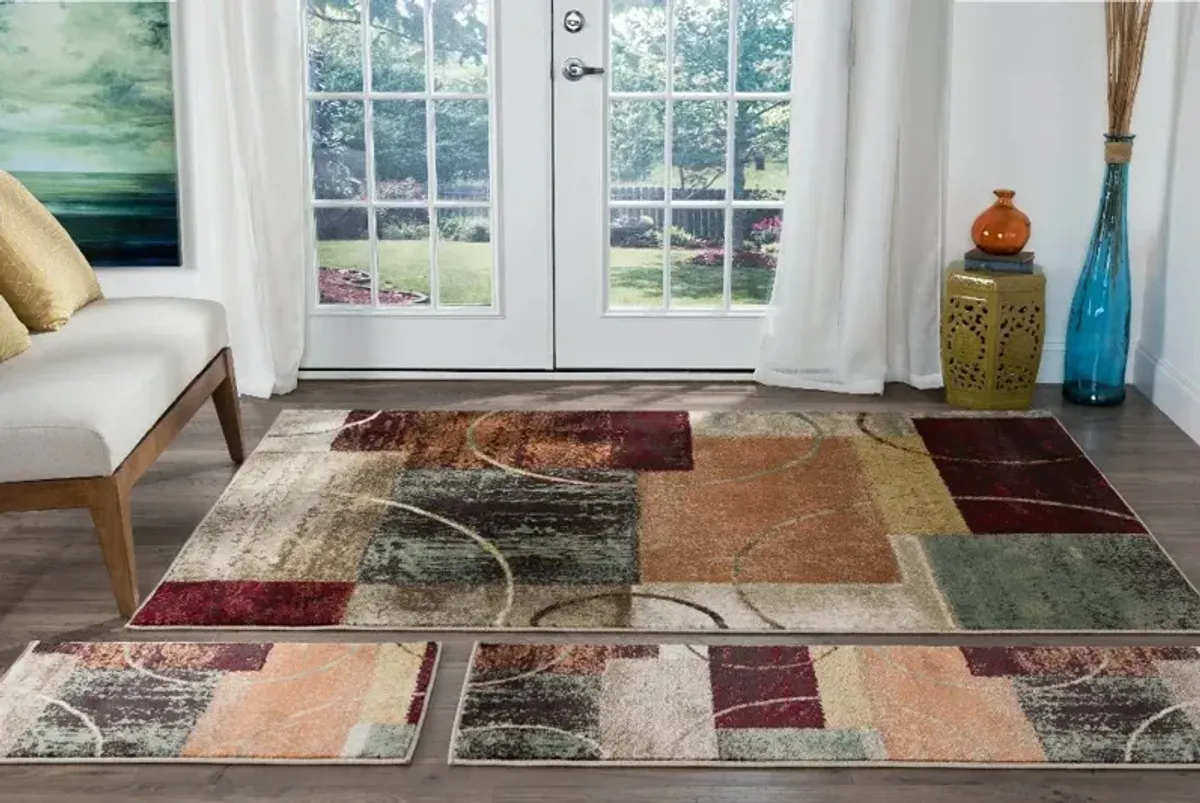 3 Piece Set Red, Brown, and Teal Area Rug - Deco