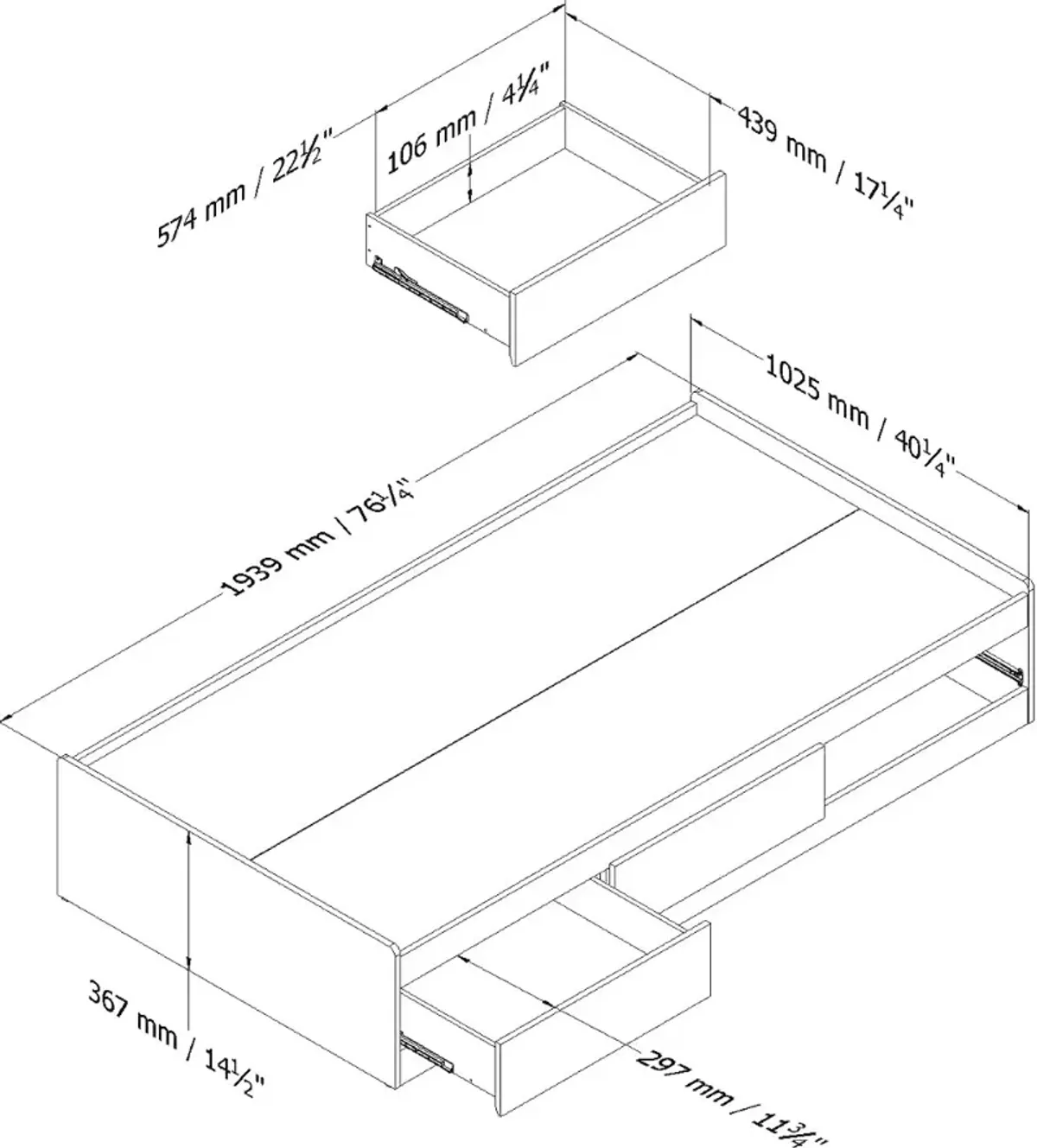 White Twin Mates Bed with 3 Drawers (39 Inch) - South Shore