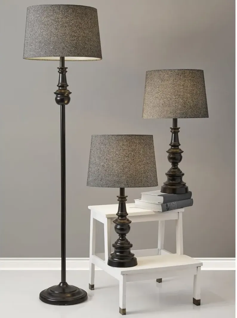 Chandler Floor and Table Lamp Set in Dark Bronze with Dark Herringbone Fabric Shade by Adesso Inc