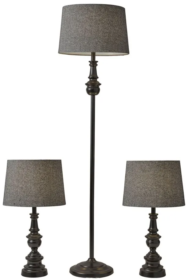 Chandler Floor and Table Lamp Set in Dark Bronze with Dark Herringbone Fabric Shade by Adesso Inc