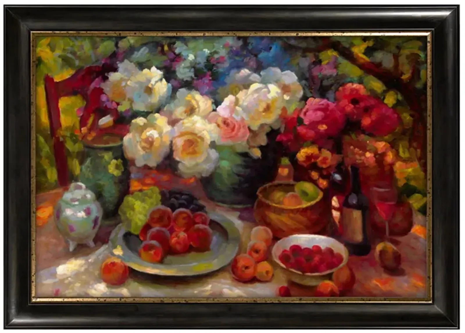 Fruits and Flowers on Table Framed Canvas Wall Art