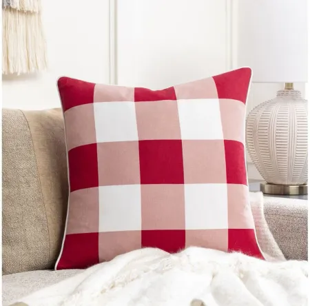 Buffalo Plaid Down Fill Pillow in Bright Red, Pale Pink, White by Surya