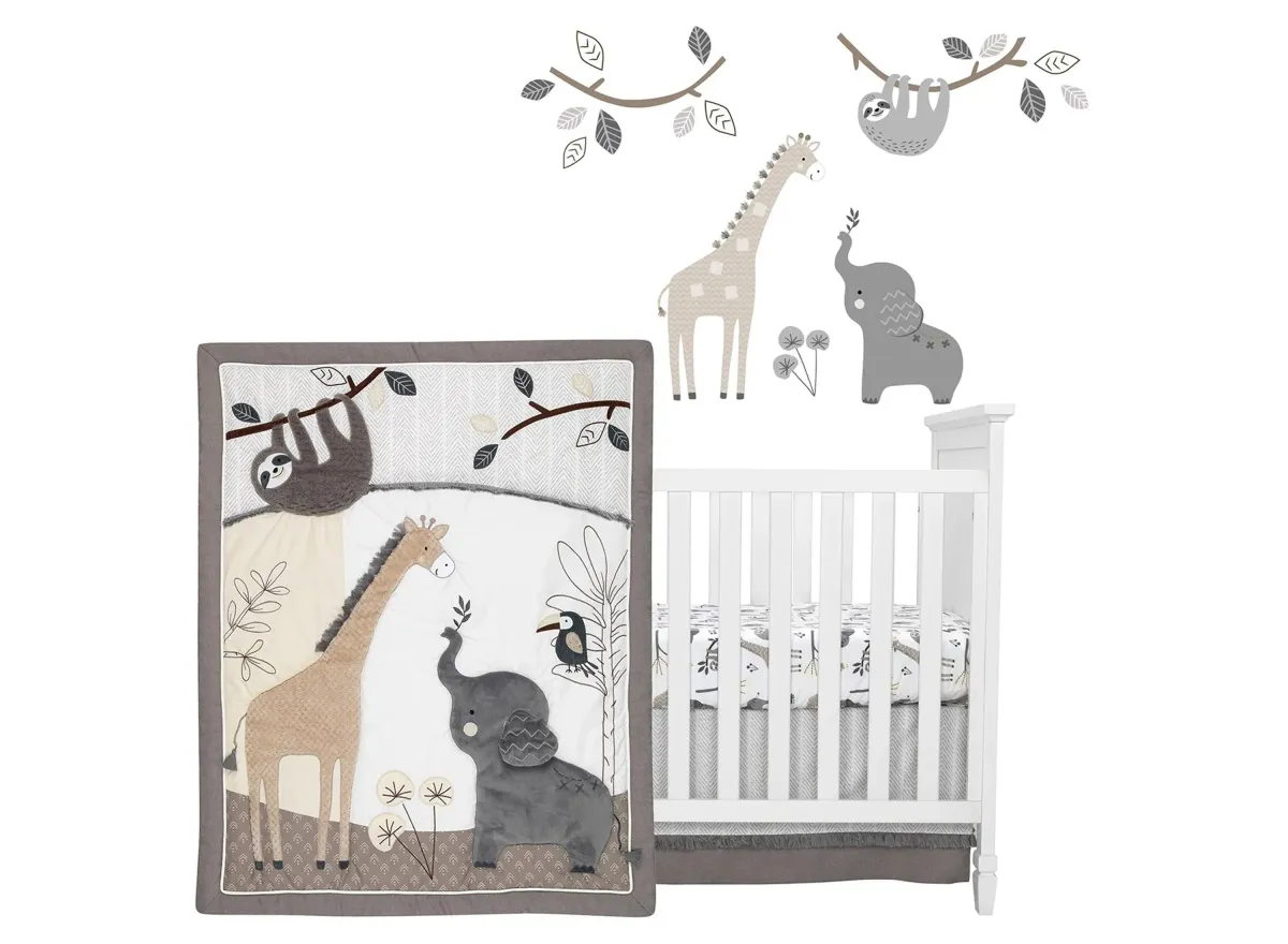 Baby Jungle 4-Piece Crib Bedding Set in Gray, taupe, tan, cream and charcoal gray by Lambs & Ivy