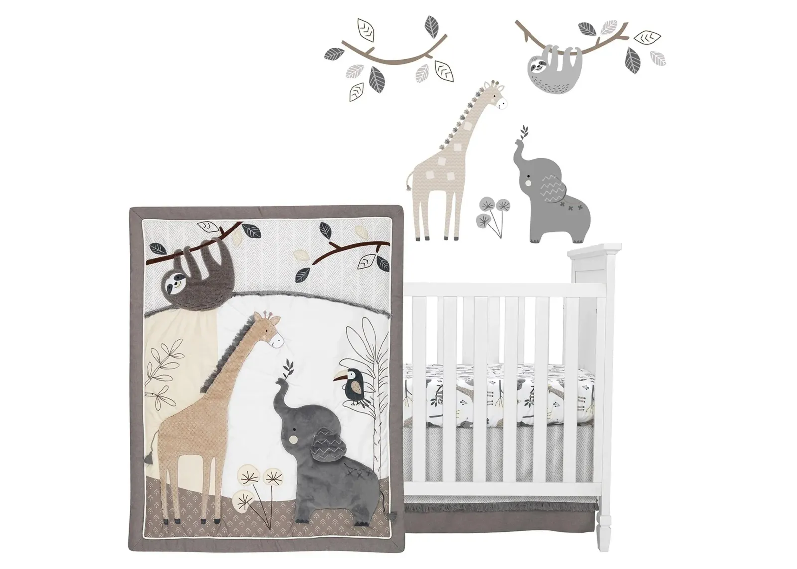 Baby Jungle 4-Piece Crib Bedding Set in Gray, taupe, tan, cream and charcoal gray by Lambs & Ivy