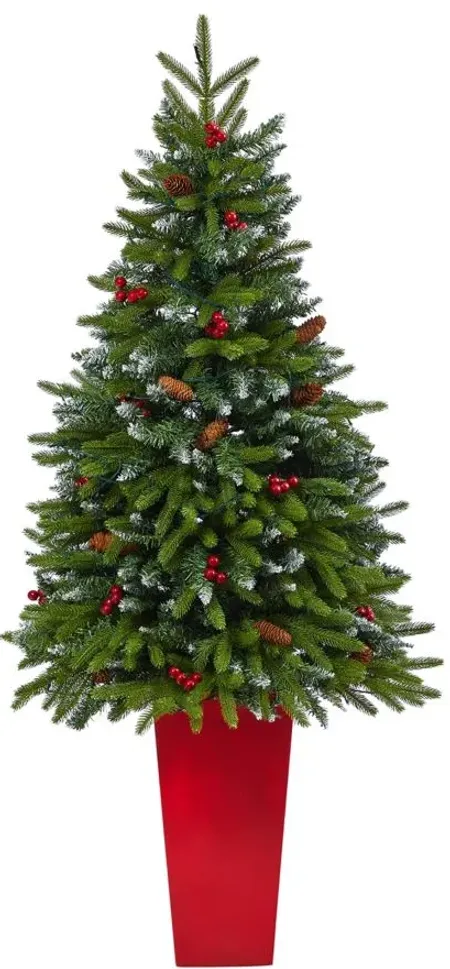62" Pre-Lit Snow Tipped Portland Spruce Artificial Tree in Green by Bellanest